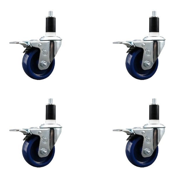 3.5'' SS Solid Poly Swivel 1-3/8'' Expanding Stem Caster Set Total Lock Brake, 4PK